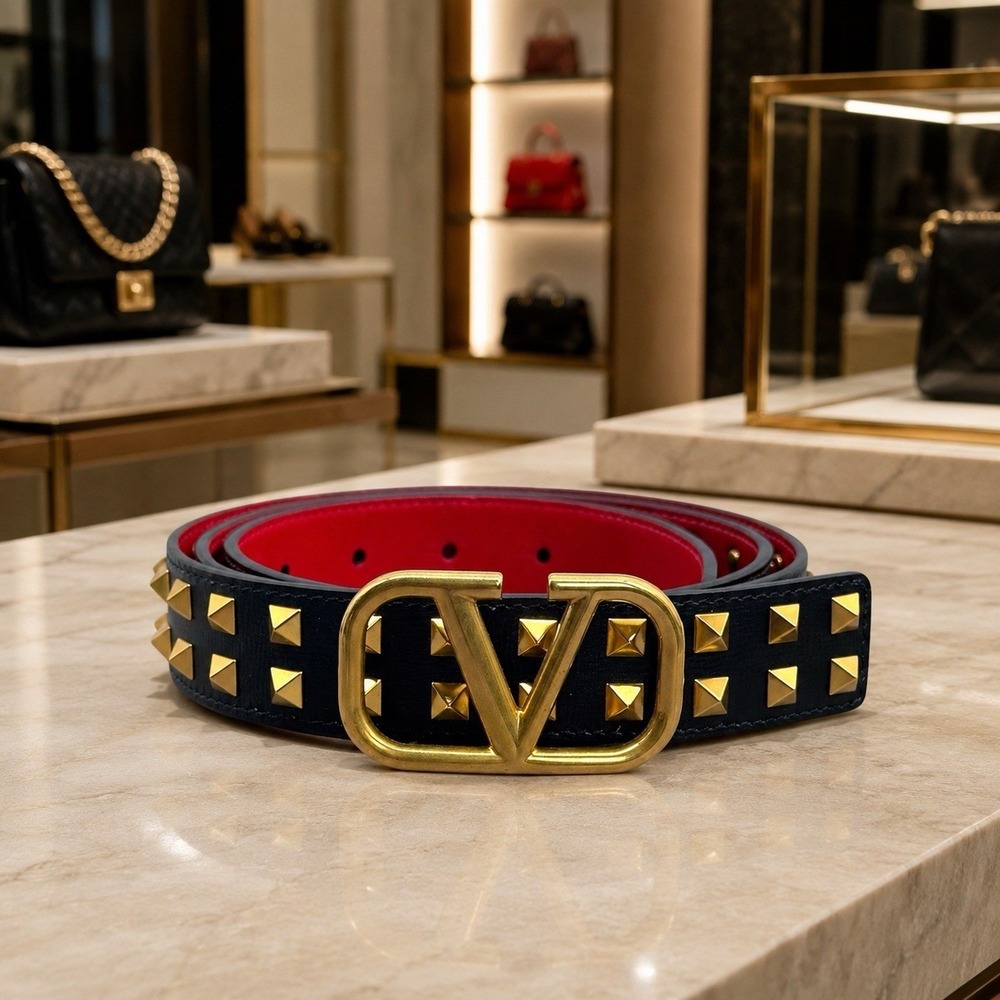 NEW WITH BOX Valentino Black Red Leather V Logo Studded Belt Luxury 100cm L